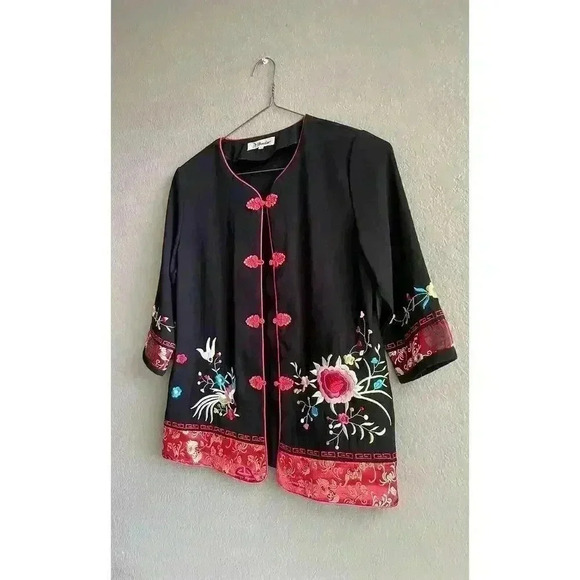 Vintage Dindin Embroidered Asian Black Floral Shacket Jacket Size M - Picture 2 of 7